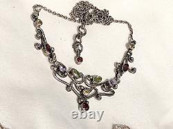 Vintage Silver Art Nouveau Style Gem Set Necklace, Amethyst, Peridot, Garnets