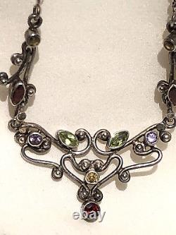 Vintage Silver Art Nouveau Style Gem Set Necklace, Amethyst, Peridot, Garnets