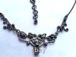 Vintage Silver Art Nouveau Style Gem Set Necklace, Amethyst, Peridot, Garnets