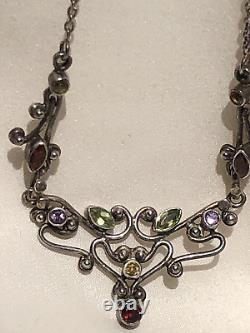 Vintage Silver Art Nouveau Style Gem Set Necklace, Amethyst, Peridot, Garnets