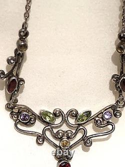 Vintage Silver Art Nouveau Style Gem Set Necklace, Amethyst, Peridot, Garnets