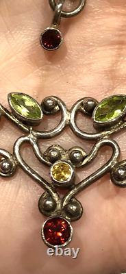 Vintage Silver Art Nouveau Style Gem Set Necklace, Amethyst, Peridot, Garnets