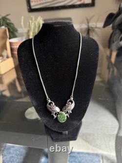 Vintage Simmons Art Nouveau Sterling Silver And Natural Green Stone Necklace