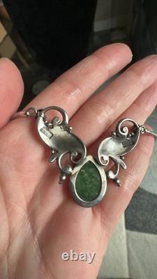 Vintage Simmons Art Nouveau Sterling Silver And Natural Green Stone Necklace