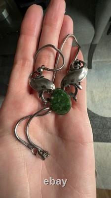 Vintage Simmons Art Nouveau Sterling Silver And Natural Green Stone Necklace