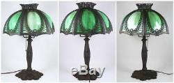 Vintage Slag Glass Table Lamp Molded Green Glass Art Nouveau Floral Base 19 1/2