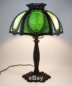 Vintage Slag Glass Table Lamp Molded Green Glass Art Nouveau Floral Base 19 1/2