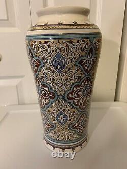 Vintage Sornaga Egyptian Pottery Vase 1980's Signed 14 Tall Green Art Nouveau
