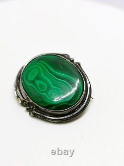 Vintage Sterling Silver 925 Hallmarked 1915 Art Nouveau Malachite Brooch