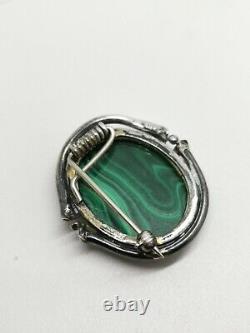 Vintage Sterling Silver 925 Hallmarked 1915 Art Nouveau Malachite Brooch