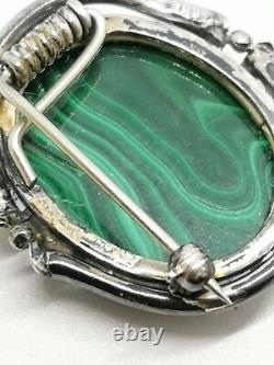 Vintage Sterling Silver 925 Hallmarked 1915 Art Nouveau Malachite Brooch