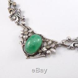 Vintage Sterling Silver Antique Art Nouveau Green Stone Necklace 16 LDE6