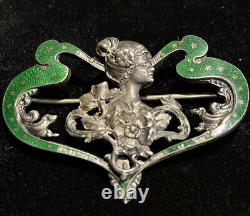 Vintage Sterling Silver Art Nouveau Gipson Lady Green Enameled Brooch
