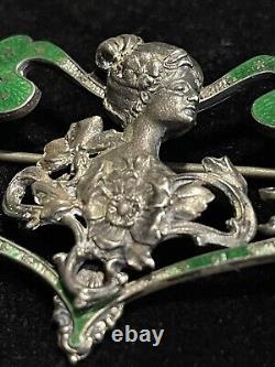 Vintage Sterling Silver Art Nouveau Gipson Lady Green Enameled Brooch