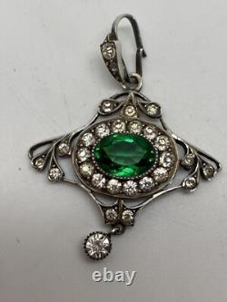 Vintage Sterling Silver Art nouveau Green paste pendant