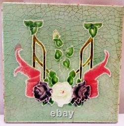 Vintage Tile Art Nouveau England Majolica Freehand Flower Design Collectibles