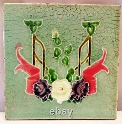 Vintage Tile Art Nouveau England Majolica Freehand Flower Design Collectibles