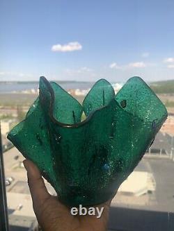 Vintage Vase Fused Glass Art Nouveau Emerald Green Folded Slump attributed to VA