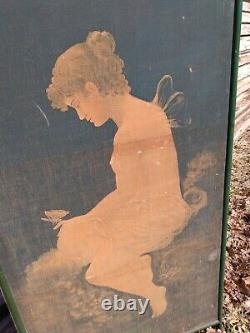 Vintage Victorian Art Nouveau Painted Green Fireplace Screen Nude Fairy 52x 26