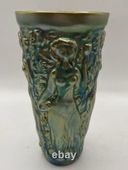 Vintage ZSOLNAY Green EOSIN Glaze Nude Women Grape Harvester Vase Art Nouveau