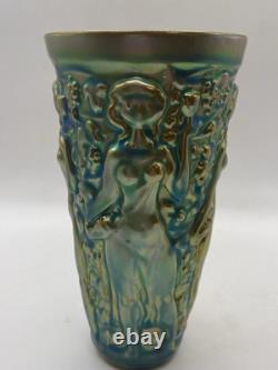 Vintage ZSOLNAY Green EOSIN Glaze Nude Women Grape Harvester Vase Art Nouveau