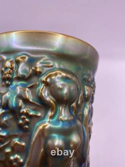 Vintage ZSOLNAY Green EOSIN Glaze Nude Women Grape Harvester Vase Art Nouveau