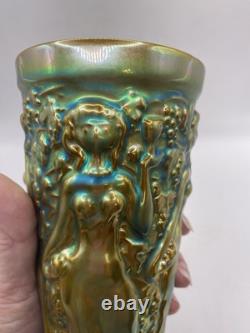 Vintage ZSOLNAY Green EOSIN Glaze Nude Women Grape Harvester Vase Art Nouveau