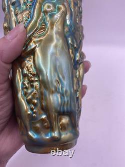 Vintage ZSOLNAY Green EOSIN Glaze Nude Women Grape Harvester Vase Art Nouveau