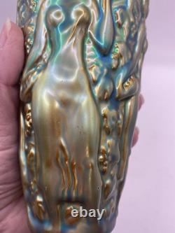 Vintage ZSOLNAY Green EOSIN Glaze Nude Women Grape Harvester Vase Art Nouveau