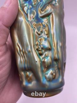 Vintage ZSOLNAY Green EOSIN Glaze Nude Women Grape Harvester Vase Art Nouveau