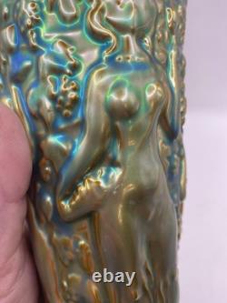 Vintage ZSOLNAY Green EOSIN Glaze Nude Women Grape Harvester Vase Art Nouveau