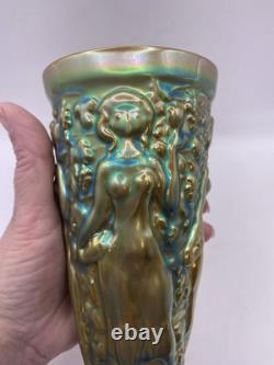 Vintage ZSOLNAY Green EOSIN Glaze Nude Women Grape Harvester Vase Art Nouveau