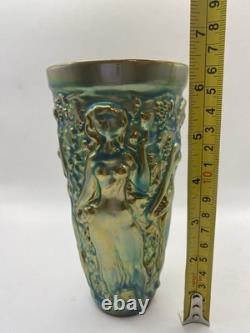 Vintage ZSOLNAY Green EOSIN Glaze Nude Women Grape Harvester Vase Art Nouveau