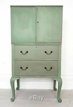 Vintage painted green tallboy, drinks cabinet, linen press, gold leaf interior