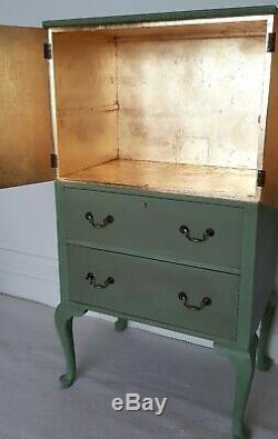 Vintage painted green tallboy, drinks cabinet, linen press, gold leaf interior