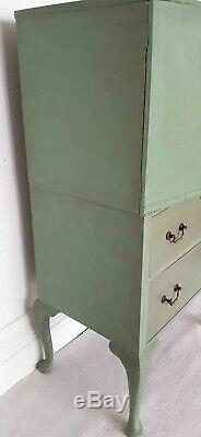 Vintage painted green tallboy, drinks cabinet, linen press, gold leaf interior