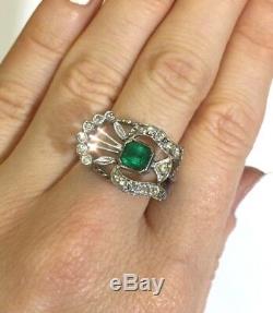Vivid Deep Blue Green Colombian Emerald and Diamond Art Deco Palladium Ring 7