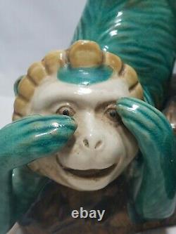 Vtg. 3 Set- Majolica green ceramic monkeys, See, Hear, and Speak no evil. Perfect
