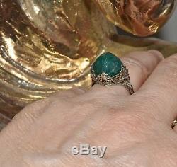 Vtg Art Deco 14K Filigree Carved Green Chalcedony Ring sz 6.5