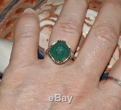 Vtg Art Deco 14K Filigree Carved Green Chalcedony Ring sz 6.5