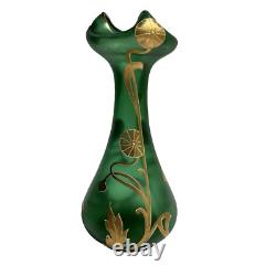 Vtg Art Nouveau Green Glass Vase Gold Flowers 8.5 Bohemian Loetz Style Crimped