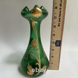 Vtg Art Nouveau Green Glass Vase Gold Flowers 8.5 Bohemian Loetz Style Crimped