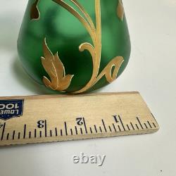 Vtg Art Nouveau Green Glass Vase Gold Flowers 8.5 Bohemian Loetz Style Crimped