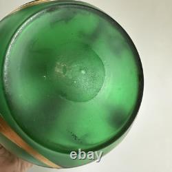 Vtg Art Nouveau Green Glass Vase Gold Flowers 8.5 Bohemian Loetz Style Crimped