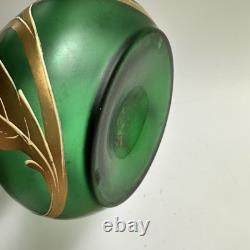 Vtg Art Nouveau Green Glass Vase Gold Flowers 8.5 Bohemian Loetz Style Crimped
