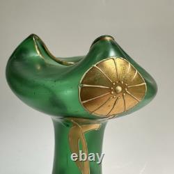 Vtg Art Nouveau Green Glass Vase Gold Flowers 8.5 Bohemian Loetz Style Crimped