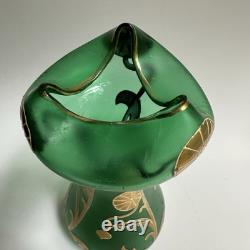Vtg Art Nouveau Green Glass Vase Gold Flowers 8.5 Bohemian Loetz Style Crimped