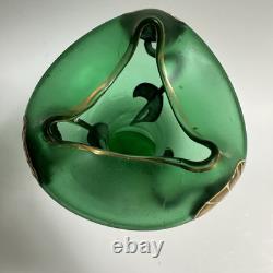 Vtg Art Nouveau Green Glass Vase Gold Flowers 8.5 Bohemian Loetz Style Crimped
