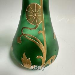 Vtg Art Nouveau Green Glass Vase Gold Flowers 8.5 Bohemian Loetz Style Crimped