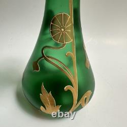 Vtg Art Nouveau Green Glass Vase Gold Flowers 8.5 Bohemian Loetz Style Crimped